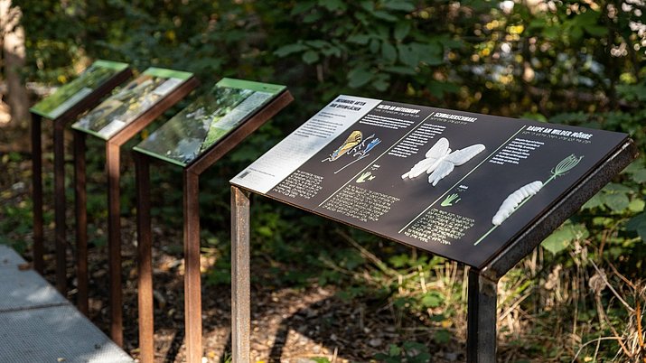 Tasttafeln der Ausstellung "Bahnbrechende Natur" im Natur Park Südgelände